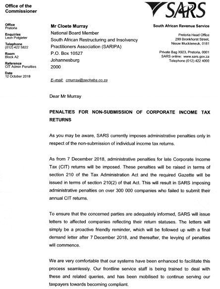 CORPORATE INCOME TAX RETURNS – PENALTIES WILL BE IMPOSED FROM 07 DECEMBER 2018