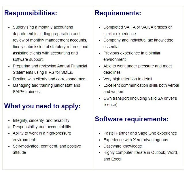 Accounting Senior/Supervisor position currently available