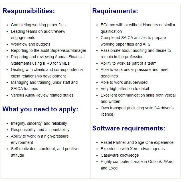 Audit Senior/Supervisor position currently available